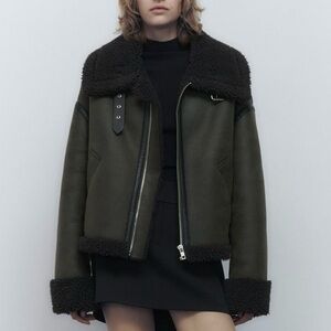 Zara size XS Double faced shearling moto jacket, dark green w black trim NWOT